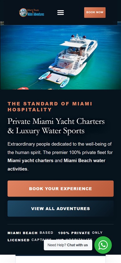 Rebuilt Miami Tours production homepage on mobile with yacht hero and booking CTAs