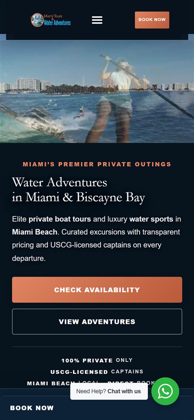 Water adventures hub on production — Check Availability CTA routing to Miami activities