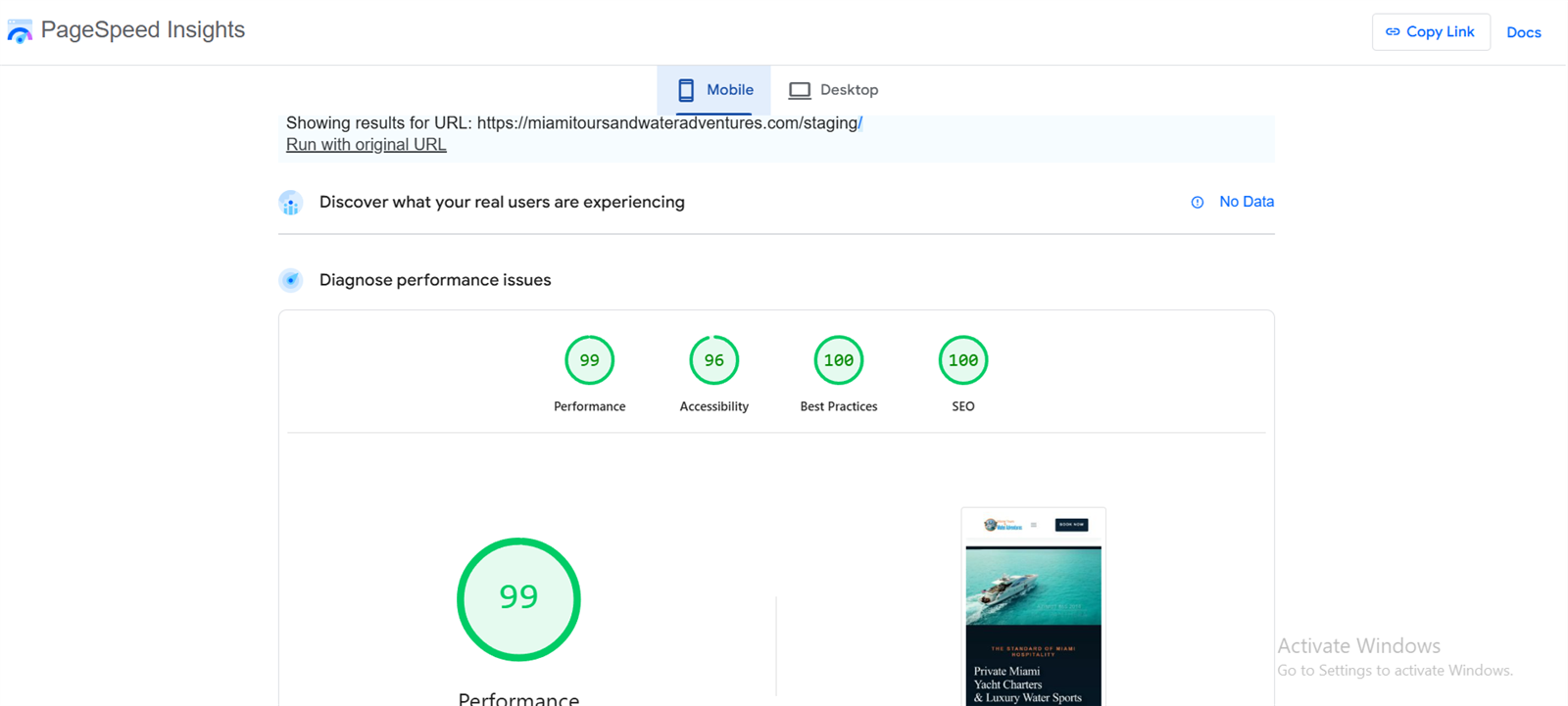 Google Lighthouse mobile performance 99 on staging for the redesigned Miami Tours site