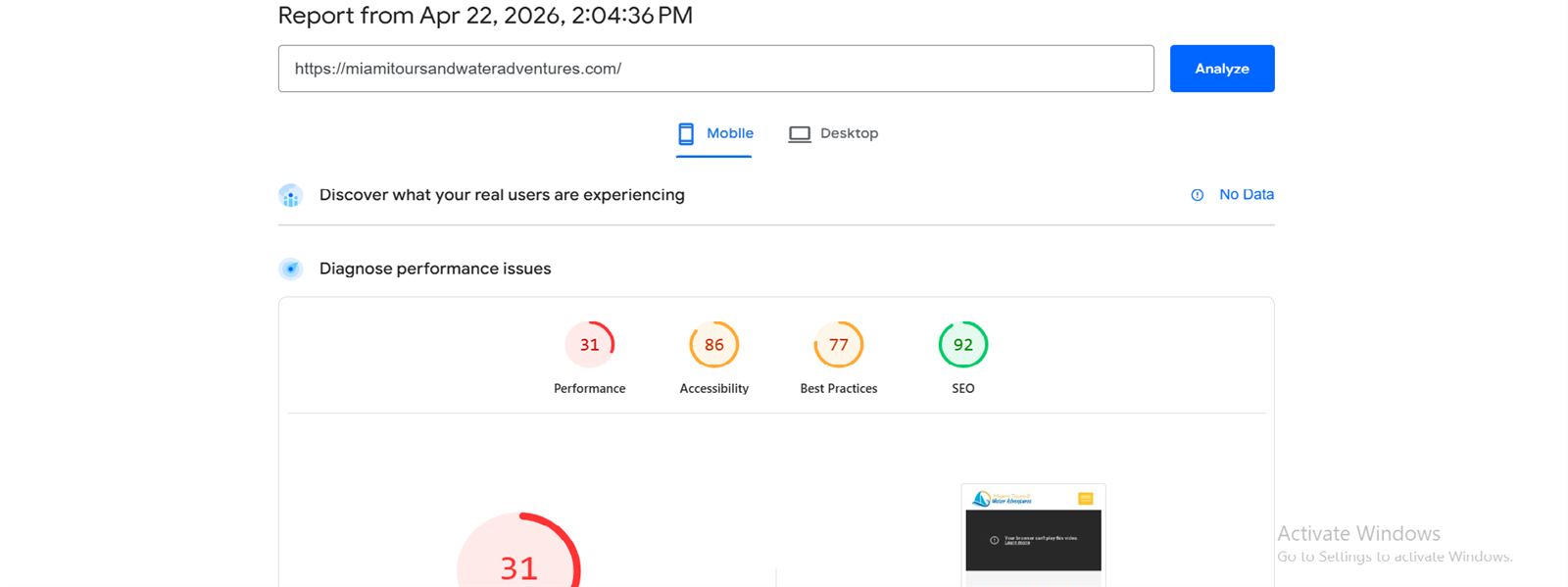 Google Lighthouse mobile performance score 31 on the legacy Miami Tours site