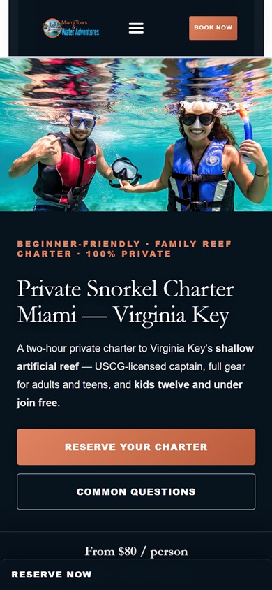 Private snorkel charter money page on production — Virginia Key headline, reserve CTA, kids free offer